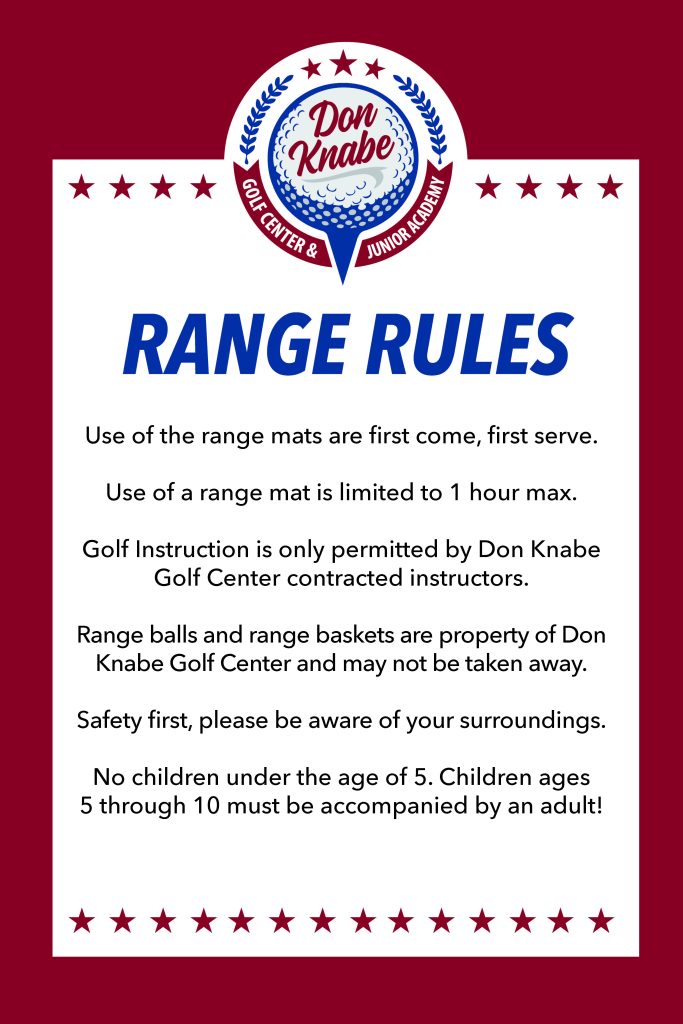 Don Knabe Golf Center driving range rules poster covering mat usage, instruction policy, and safety guidelines in Norwalk, CA