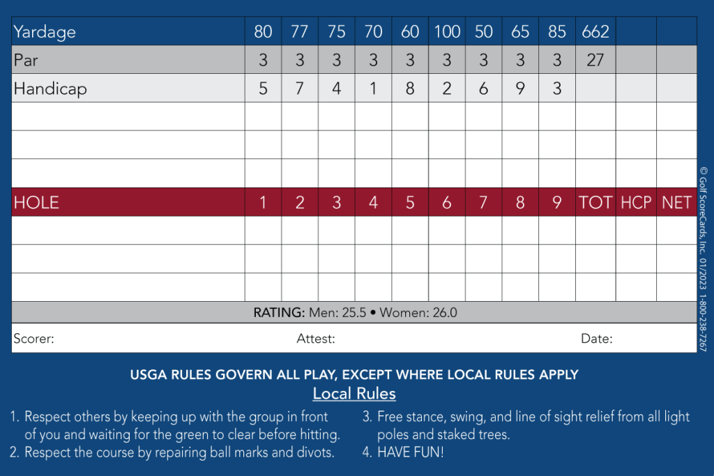 Don Knabe Golf Center scorecard showing yardage, par, and handicap for all 9 holes in Norwalk, CA