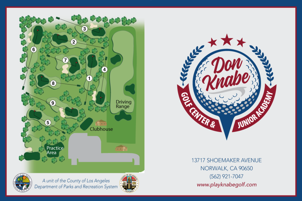 Don Knabe Golf Center course map showing all 9 holes, driving range, clubhouse, and practice area in Norwalk, CA